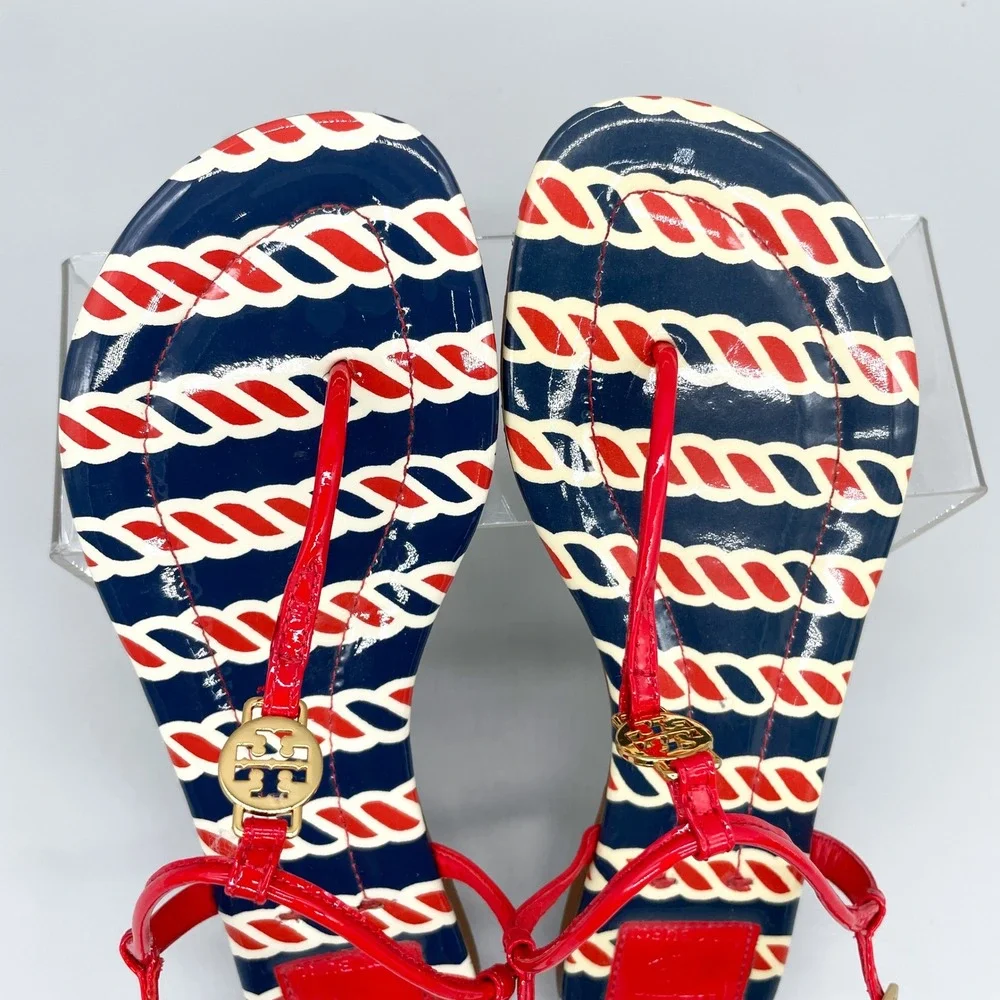 Tory Burch Womens 8.5 Emmy Red Navy Rope Patent Leather Thong Sandals Gold Logo